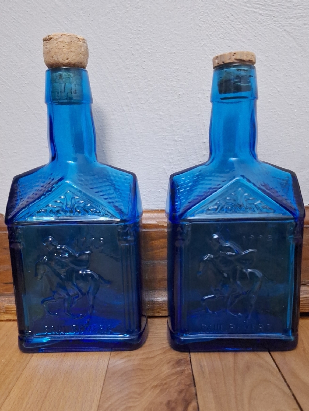 Cobalt Blue Embossed Glass Decanter Bottles - Pair